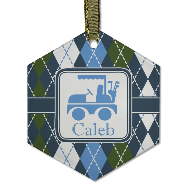 Custom Blue Argyle Flat Glass Ornament - Hexagon w/ Name or Text