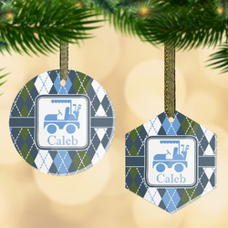 Blue Argyle Flat Glass Ornament w/ Name or Text