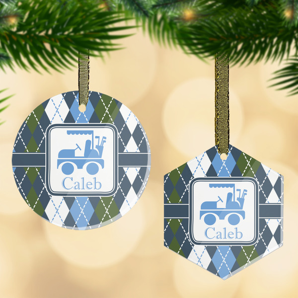 Custom Blue Argyle Flat Glass Ornament w/ Name or Text