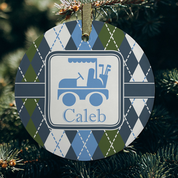 Blue Argyle Frosted Glass Ornament - Round (Lifestyle)