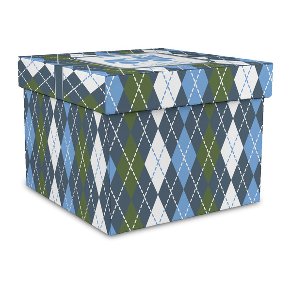 Custom Blue Argyle Gift Box with Lid - Canvas Wrapped - Large (Personalized)