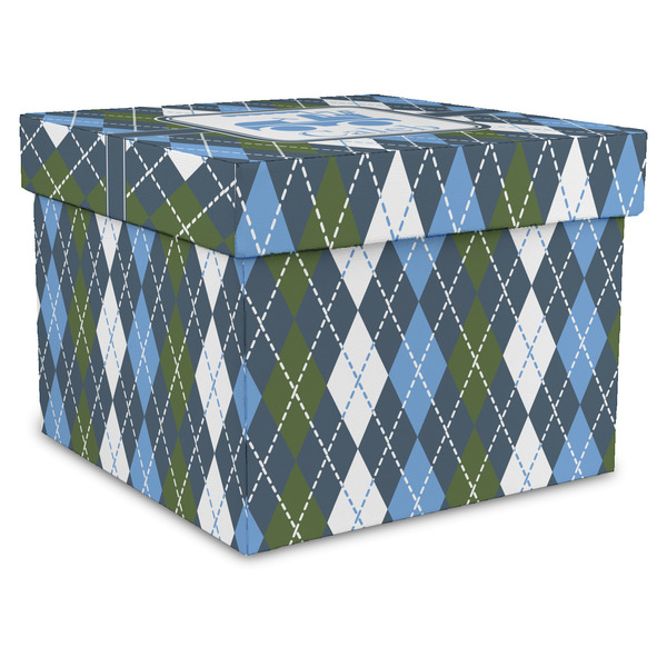 Custom Blue Argyle Gift Box with Lid - Canvas Wrapped - X-Large (Personalized)