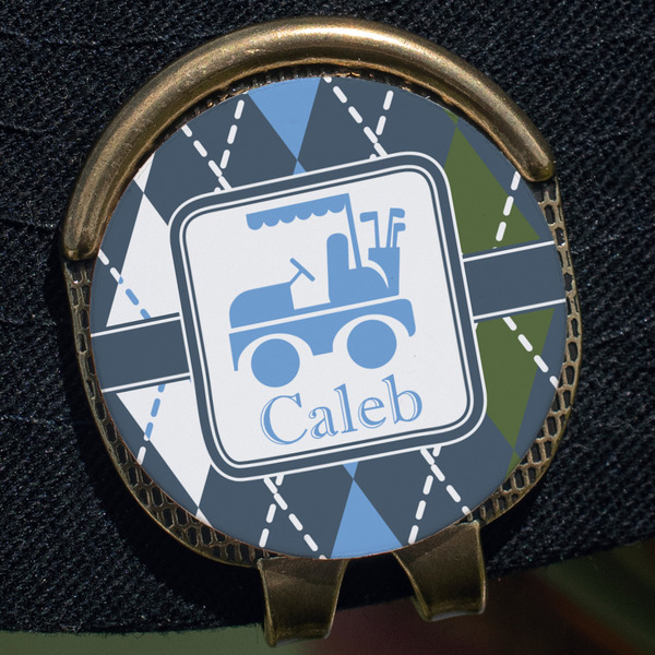 Blue Argyle Golf Ball Marker Hat Clip - Gold - Close Up