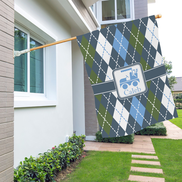 Blue Argyle House Flags - Double Sided - LIFESTYLE