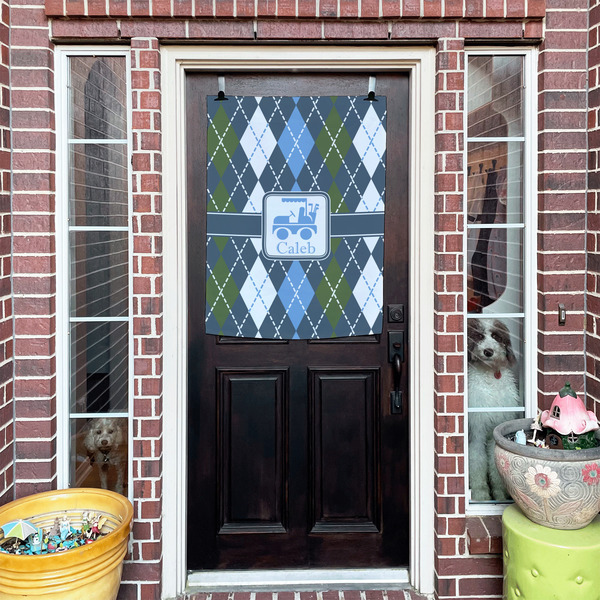 Blue Argyle House Flags - Double Sided - (Over the door) LIFESTYLE