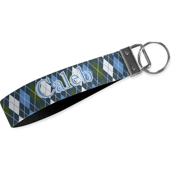 Custom Blue Argyle Wristlet Webbing Keychain Fob (Personalized)