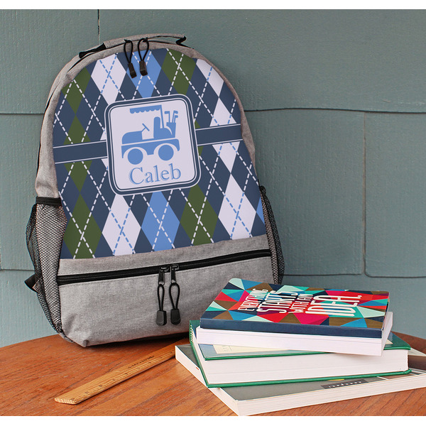Blue Argyle Large Backpack - Gray - On Desk