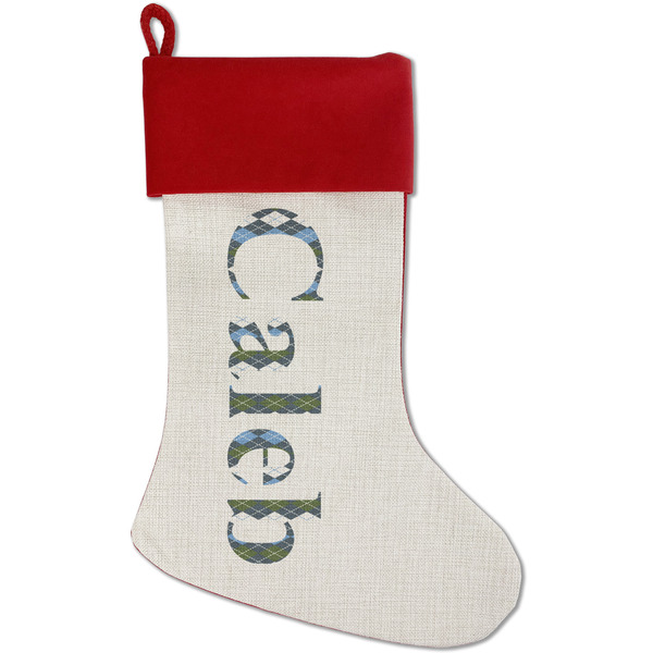 Custom Blue Argyle Red Linen Stocking (Personalized)