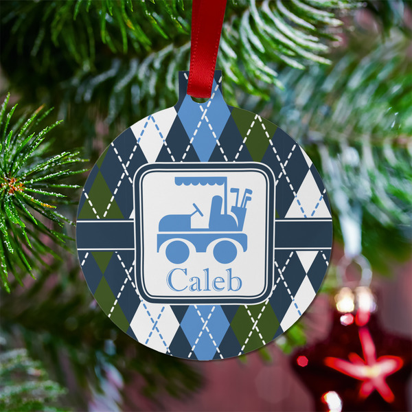 Blue Argyle Metal Ball Ornament - Lifestyle