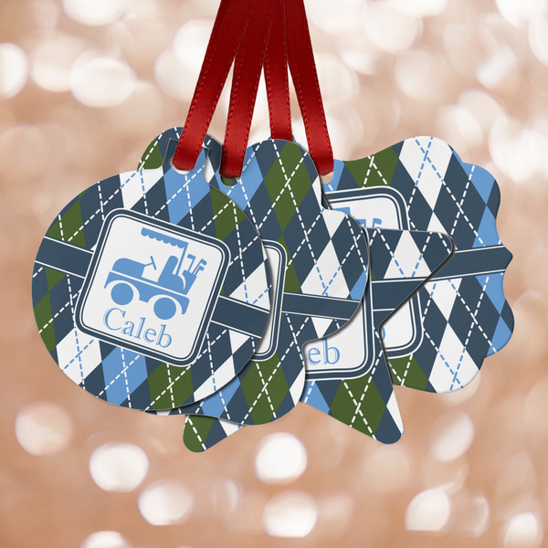 Custom Blue Argyle Metal Ornaments - Double Sided w/ Name or Text