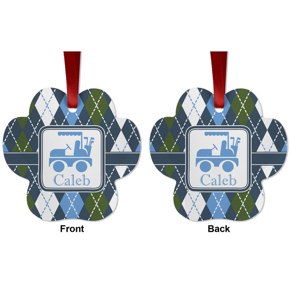 Blue Argyle Metal Paw Ornament - Front and Back
