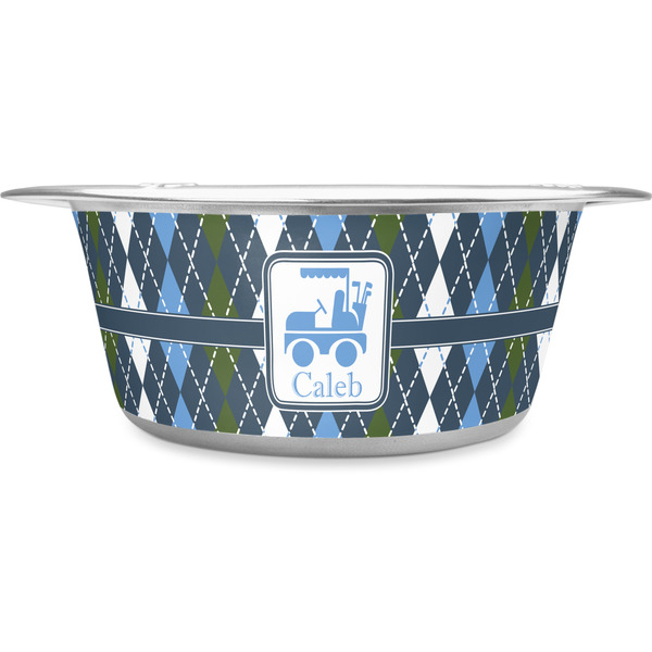 Custom Blue Argyle Stainless Steel Dog Bowl - Large (Personalized)
