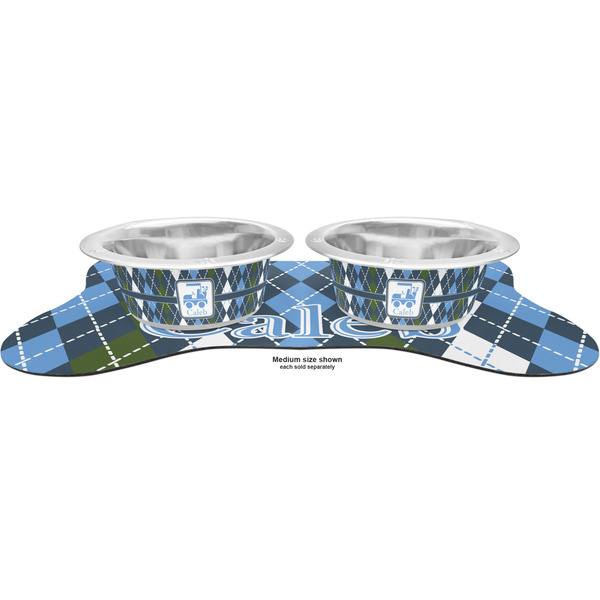 Blue Argyle Metal Pet Bowls - On Dog Bone Shaped Mat