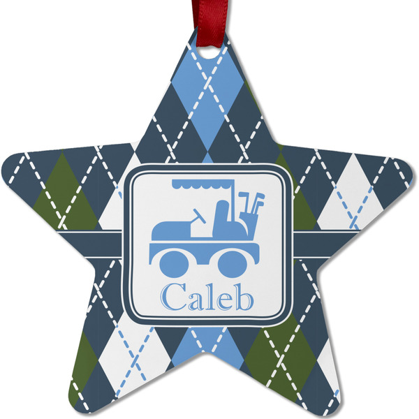 Custom Blue Argyle Metal Star Ornament - Double Sided w/ Name or Text