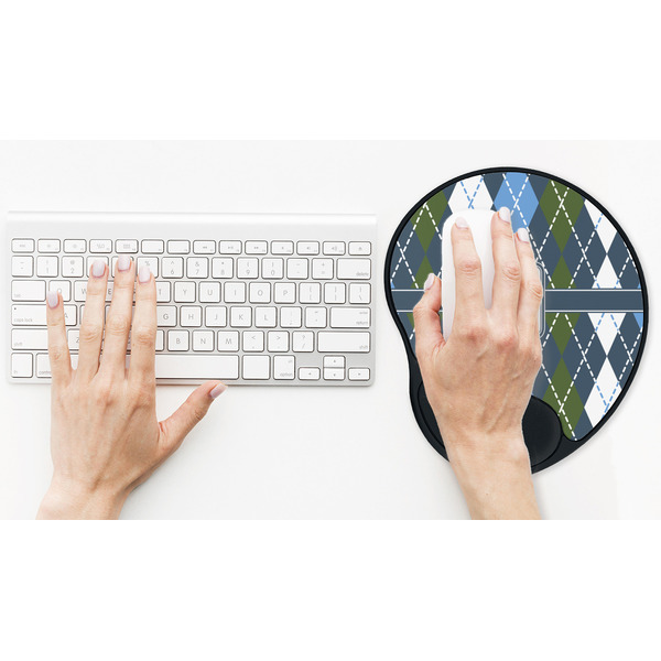 Blue Argyle Mouse Pad with Wrist Rest - LIFESYTLE 2 (in use)