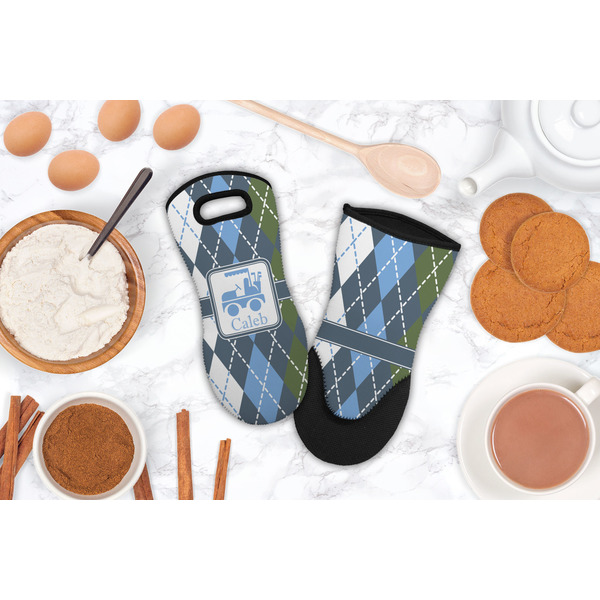 Blue Argyle Neoprene Oven Mitt - Lifestyle Image