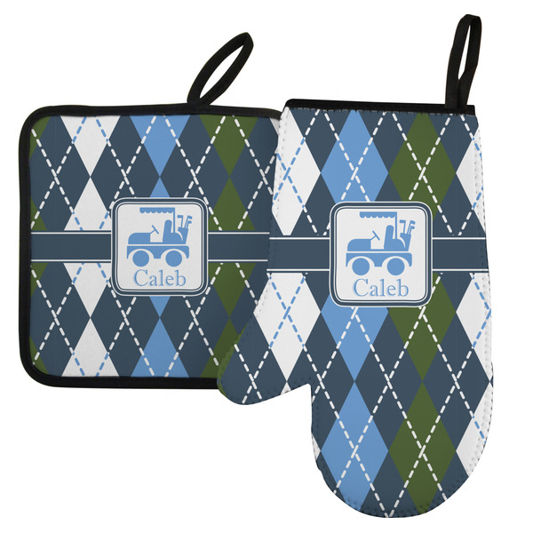 Custom Blue Argyle Left Oven Mitt & Pot Holder Set w/ Name or Text