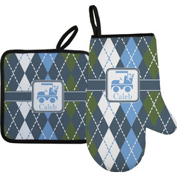 Blue Argyle Oven Mitt & Pot Holder Set w/ Name or Text