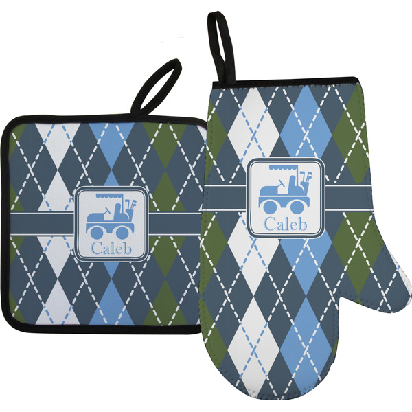 Custom Blue Argyle Right Oven Mitt & Pot Holder Set w/ Name or Text