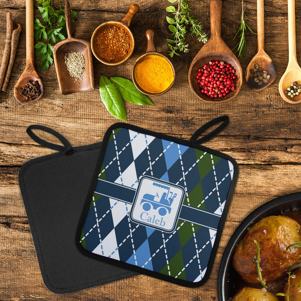 Blue Argyle Neoprene Pot Holder - Set of 2  LIFESTYLE (Flatlay)