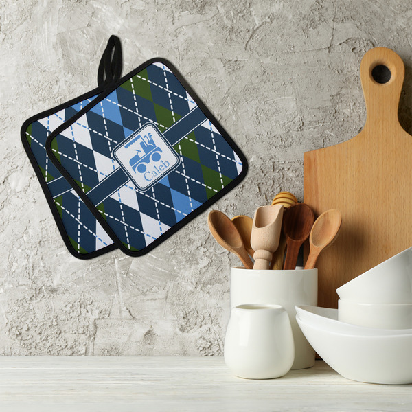 Blue Argyle Neoprene Pot Holder - Set of 2  LIFESTYLE