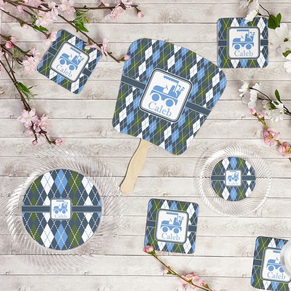 Blue Argyle Party Supplies Combination Image - All items - Plates, Coasters, Fans