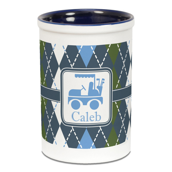 Custom Blue Argyle Ceramic Pencil Holders - Blue