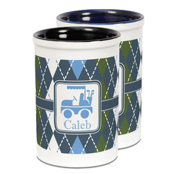 Blue Argyle Ceramic Pencil Holder - Large