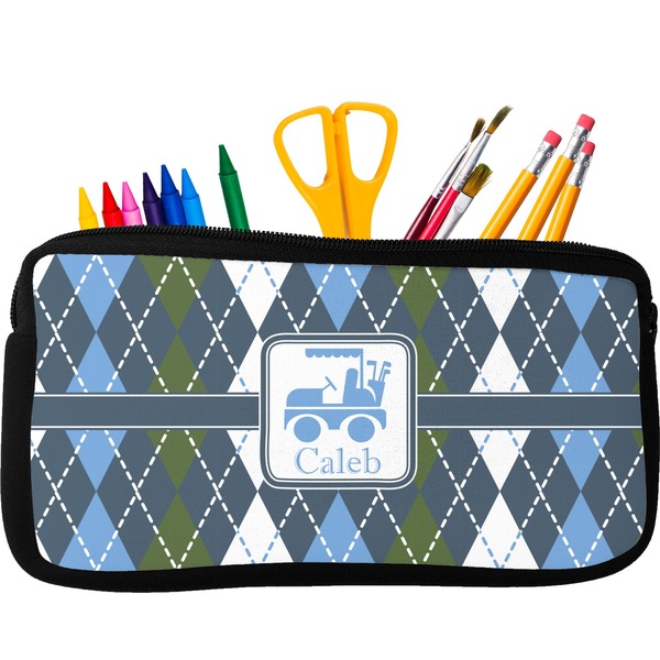 Custom Blue Argyle Neoprene Pencil Case - Small w/ Name or Text