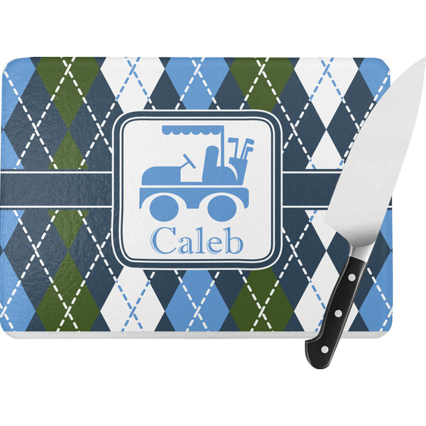 Custom Blue Argyle Rectangular Glass Cutting Board (Personalized)