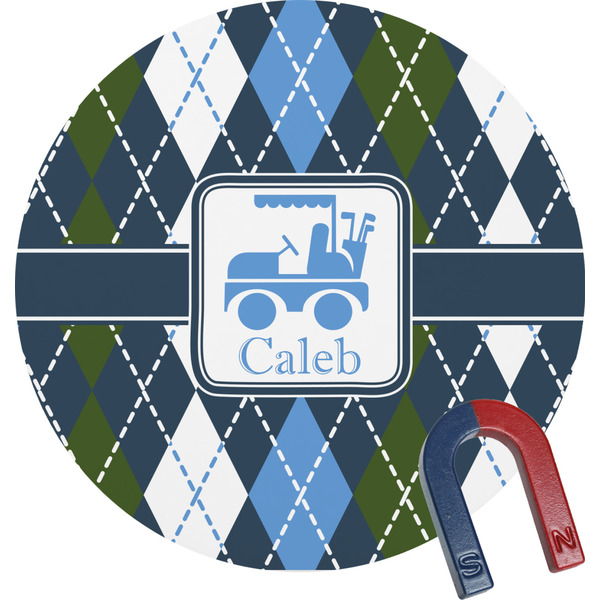Custom Blue Argyle Round Fridge Magnet (Personalized)