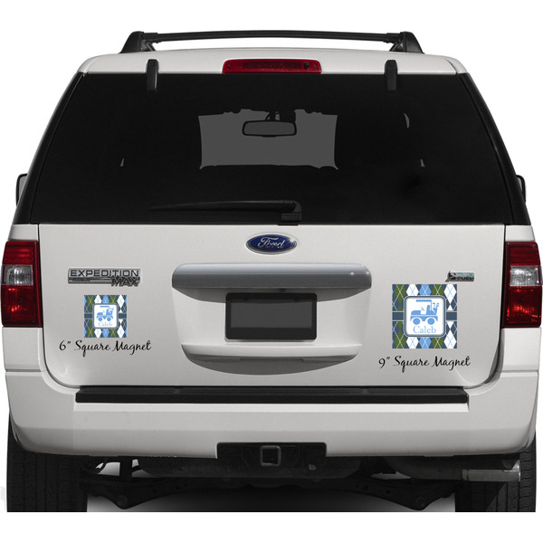 Blue Argyle Personalized Square Car Magnets on Ford Explorer