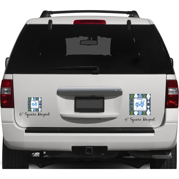 Blue Argyle Personalized Square Car Magnets on Ford Explorer