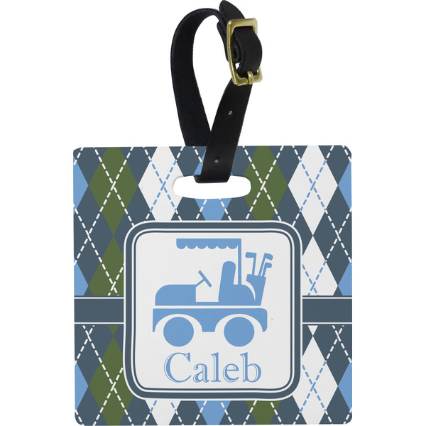 Custom Blue Argyle Plastic Luggage Tag - Square w/ Name or Text