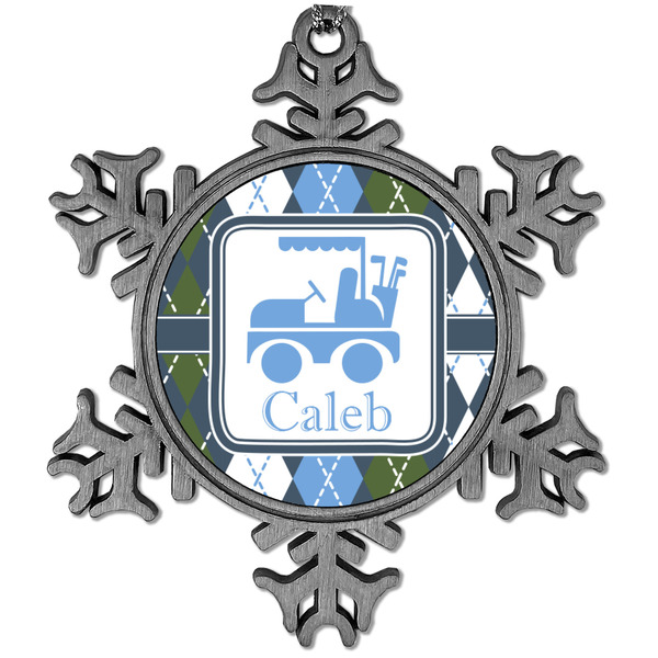 Custom Blue Argyle Vintage Snowflake Ornament (Personalized)