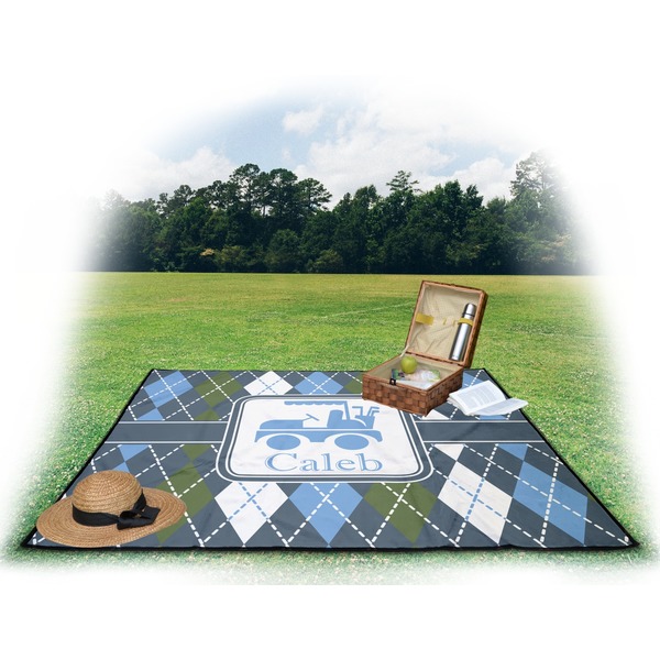 Blue Argyle Picnic Blanket - with Basket Hat and Book - in Use