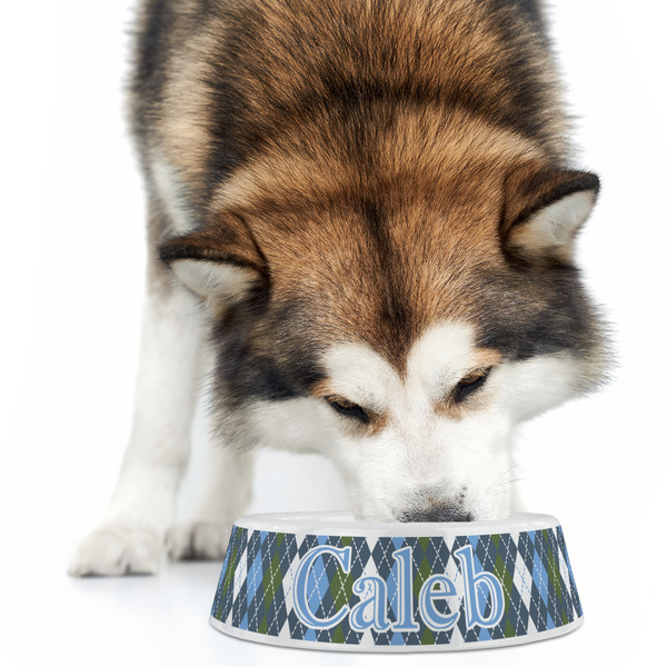 Blue Argyle Plastic Pet Bowls - Large - LIFESTYLE