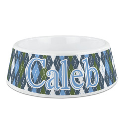 Blue Argyle Plastic Dog Bowl - Medium (Personalized)