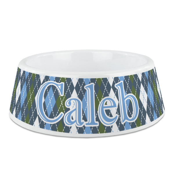 Custom Blue Argyle Plastic Dog Bowl - Medium (Personalized)