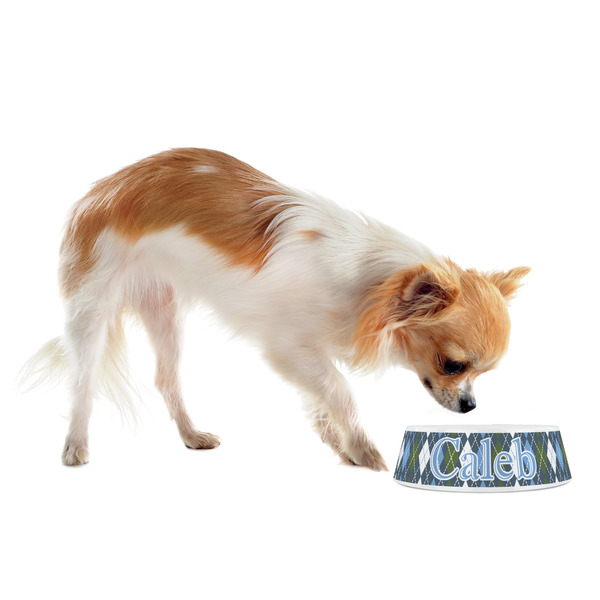 Blue Argyle Plastic Pet Bowls - Small - LIFESTYLE