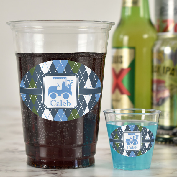 Blue Argyle Plastic Shot Glasses - In Context