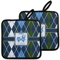 Blue Argyle Pot Holders - Set of 2 w/ Name or Text