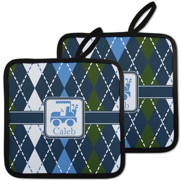 Custom Blue Argyle Pot Holders - Set of 2 w/ Name or Text