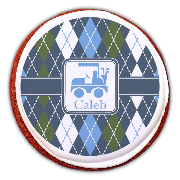 Blue Argyle Printed Icing Circle - Large - On Cookie