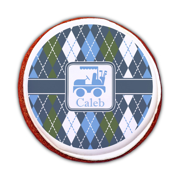 Blue Argyle Printed Icing Circle - Medium - On Cookie