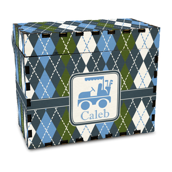 Custom Blue Argyle Wood Recipe Box - Full Color Print (Personalized)