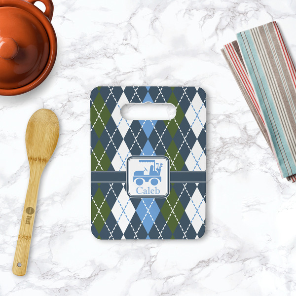 Blue Argyle Rectangle Trivet with Handle - LIFESTYLE