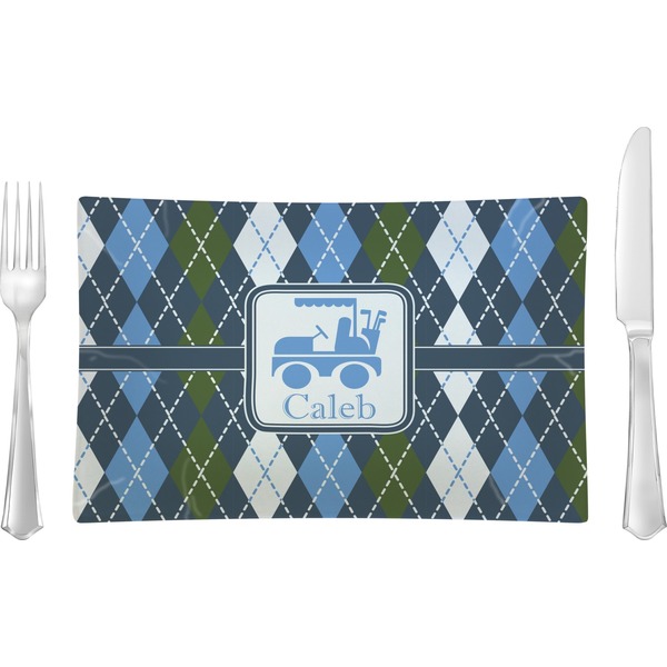 Custom Blue Argyle Rectangular Glass Lunch / Dinner Plate - Single or Set (Personalized)