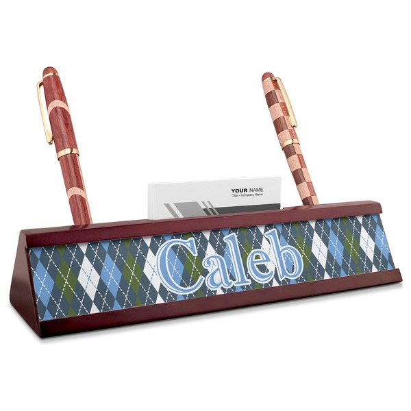 Custom Blue Argyle Red Mahogany Nameplate with Business Card Holder (Personalized)