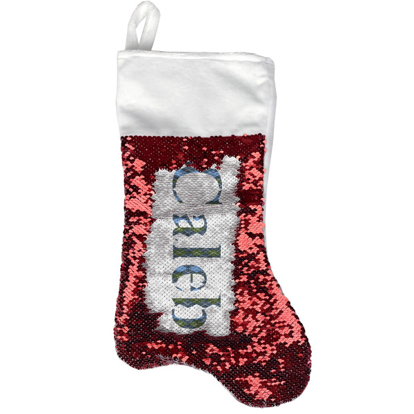 Custom Blue Argyle Reversible Sequin Stocking - Red (Personalized)